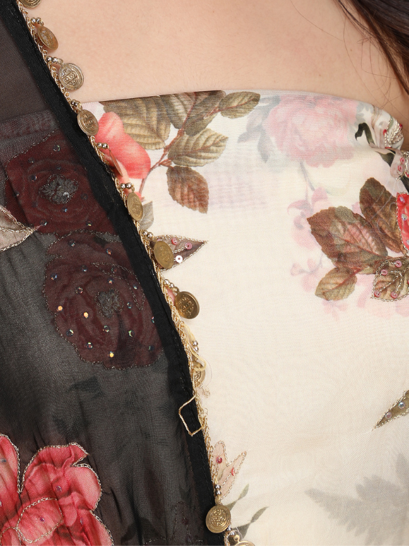 Close-up of a floral dress with embroidery.