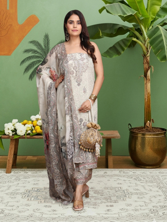 Printed suit with intricate patterns and a flowy dupatta 