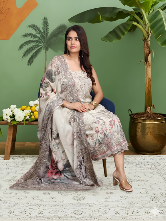 Printed suit with intricate patterns and a flowy dupatta 