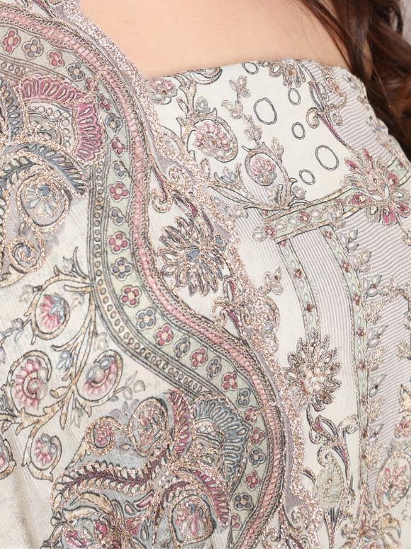 Close-up of printed suit with intricate patterns and a flowy dupatta 