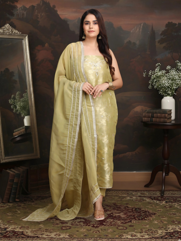 Pastel gold ensemble is crafted to reflect subtle shine and graceful charm. 