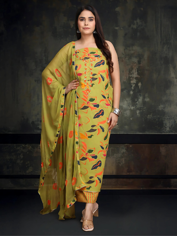 Lightweight and stylish green suit with bold floral prints