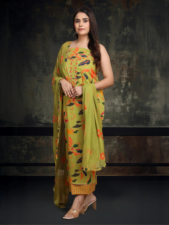 Lightweight and stylish green suit with bold floral prints