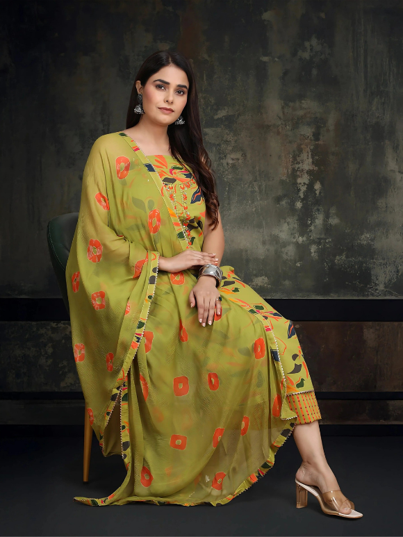 Lightweight and stylish green suit with bold floral prints