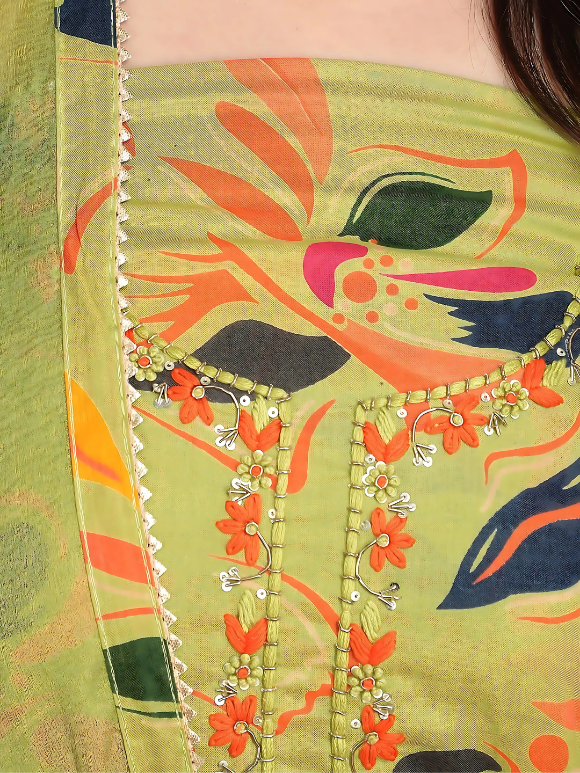 Close-up of lightweight and stylish green suit with bold floral prints