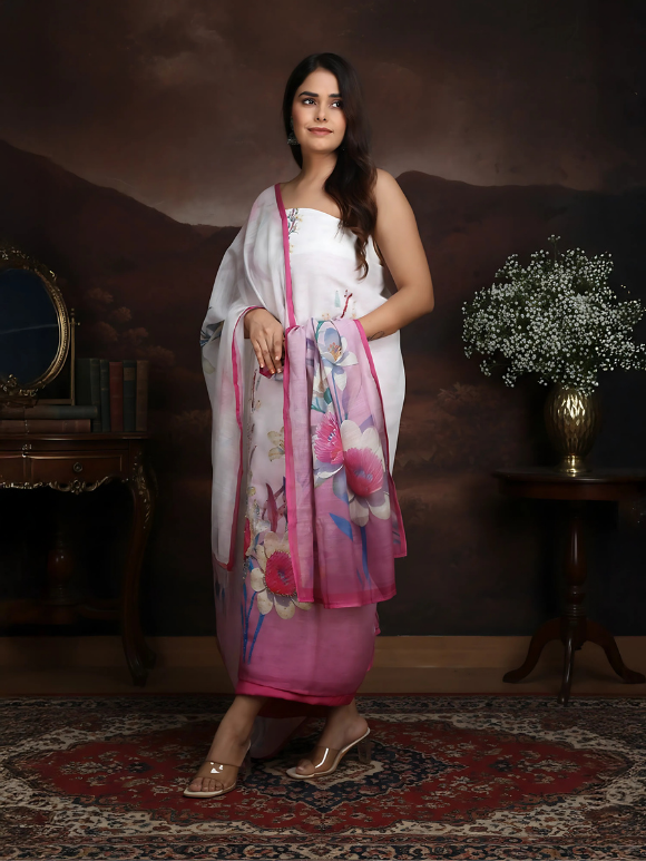 Blend of soft ombre shades, delicate embroidery, and vibrant floral prints