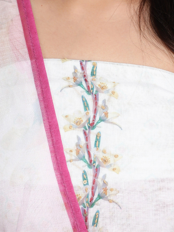 Close-up of blend of soft ombre shades, delicate embroidery, and vibrant floral prints