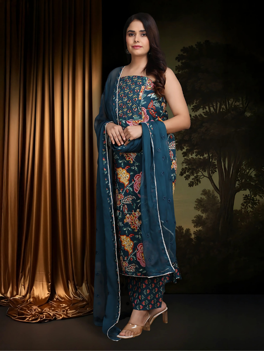 Rich teal floral ensemble with its flowy dupatta 