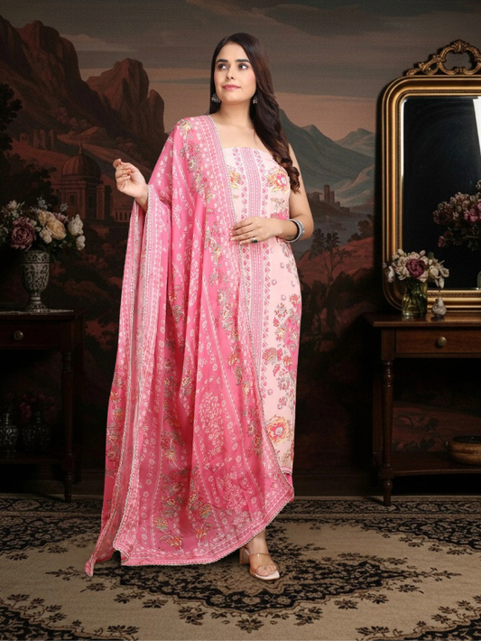 Pastel ensemble with soft florals, delicate detailing, and a graceful silhouette 