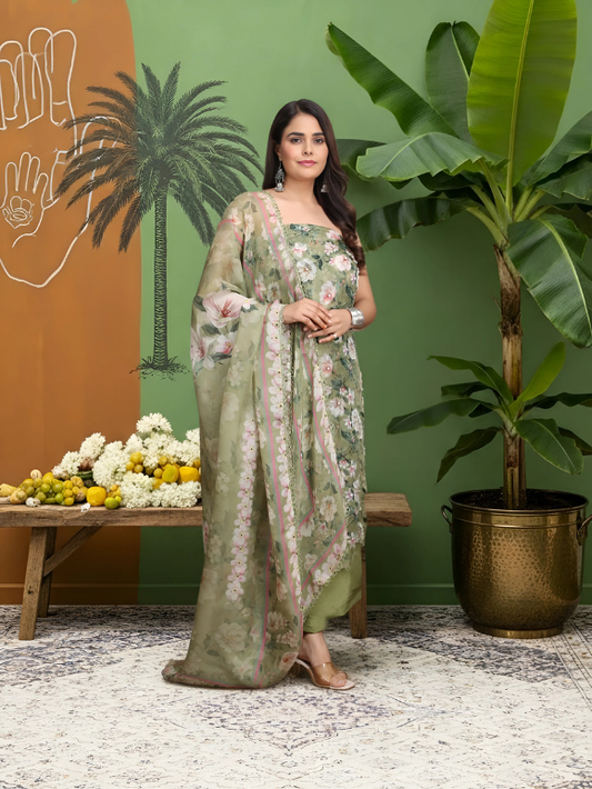 Enchanting green floral suit with its soft drape and pastel hues