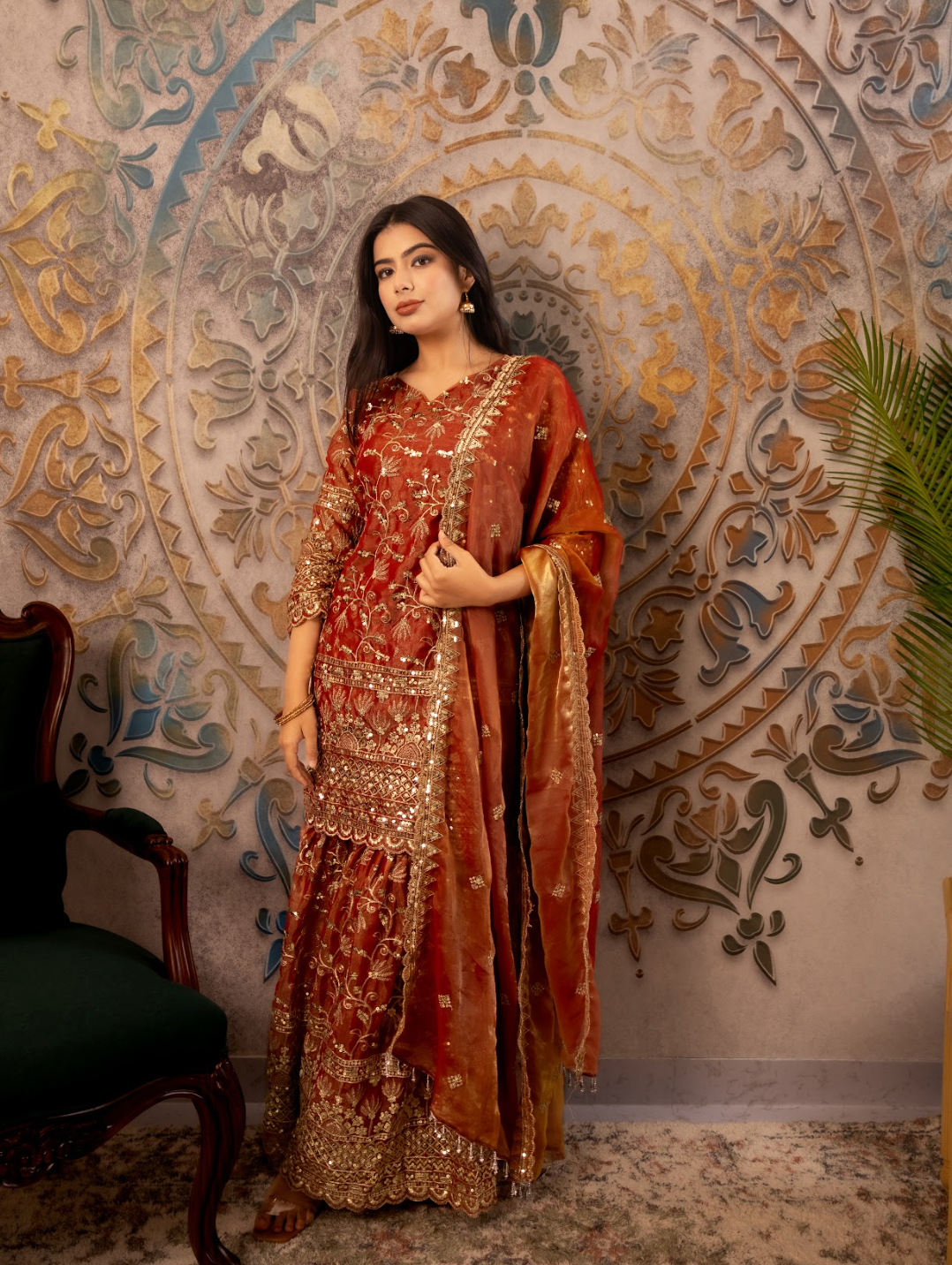 Shimmer-georgette suit crafted for festive wear