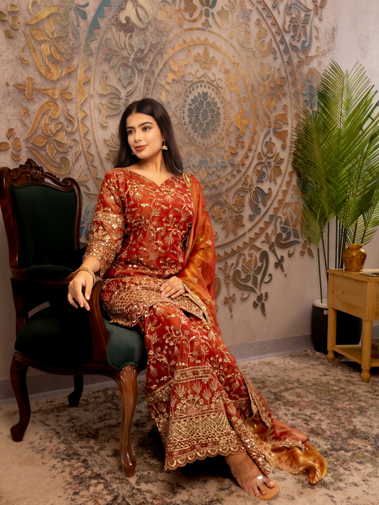Shimmer-georgette suit crafted for festive wear