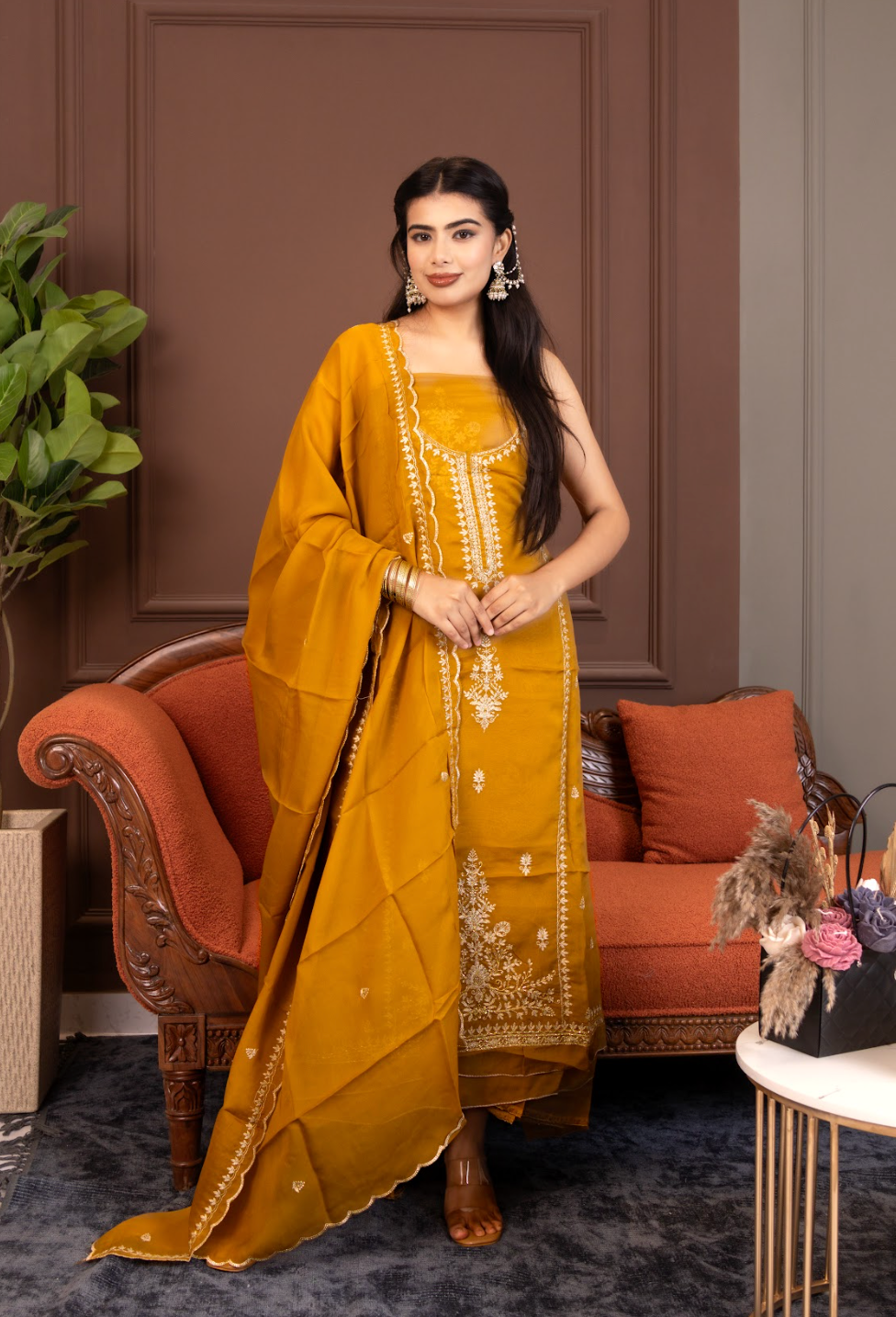 Viscose-organza on the kurta and dupatta paired with an opada-silk bottom