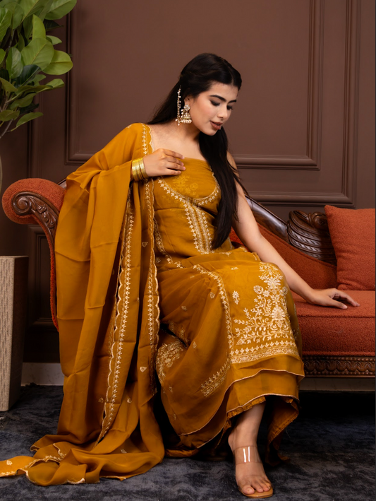 Viscose-organza on the kurta and dupatta paired with an opada-silk bottom