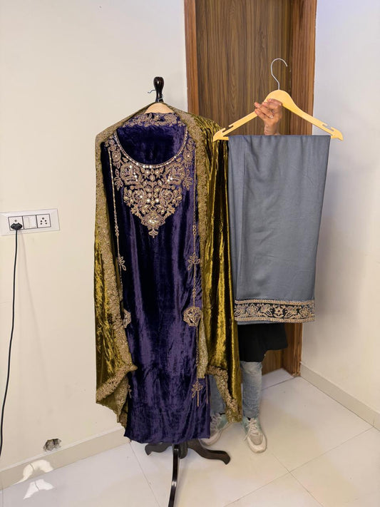 Midnight Elegance Velvet Suit Set (Navy & Olive)